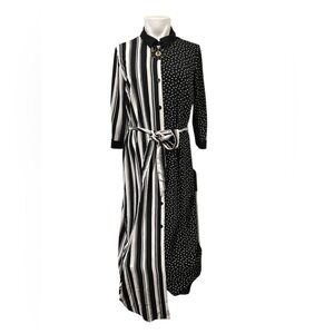 Luxology Black and White Mixed-Print Maxi Shirt Dress